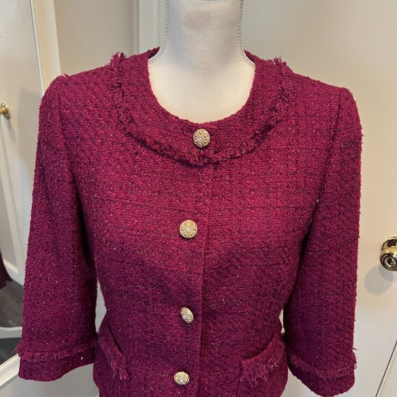 Tahari ASL Magenta Metallic Tweed Skirt Suit with Fringe Detail, Size 10 - Picture 3 of 16